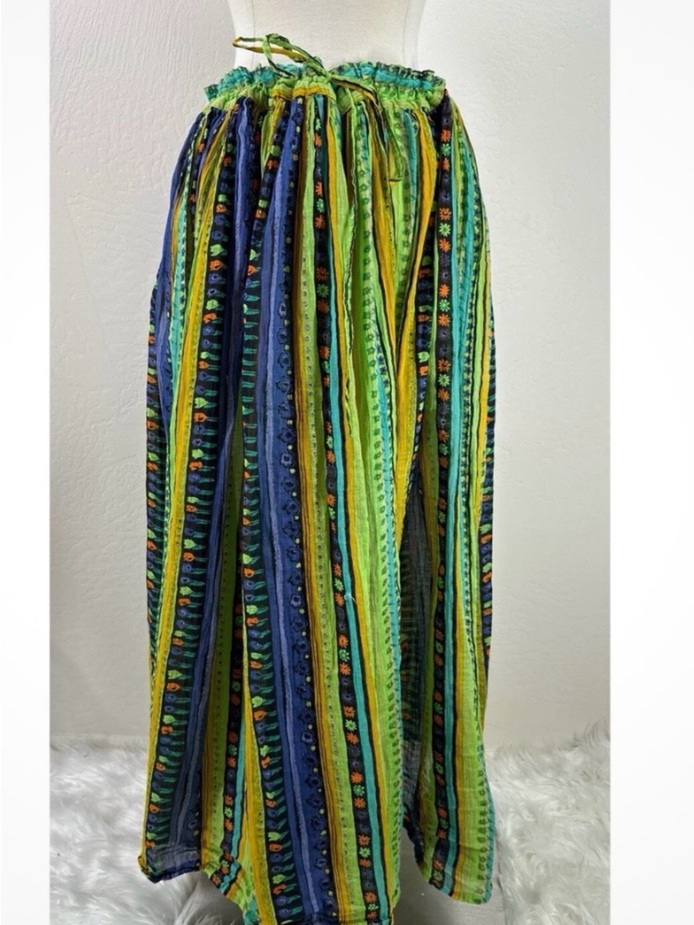 Revue Bohemian 100% Cotton Striped Green & Blue Maxi Skirt